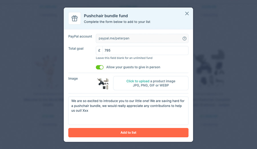 Entering the details of your cash fund and your total goal